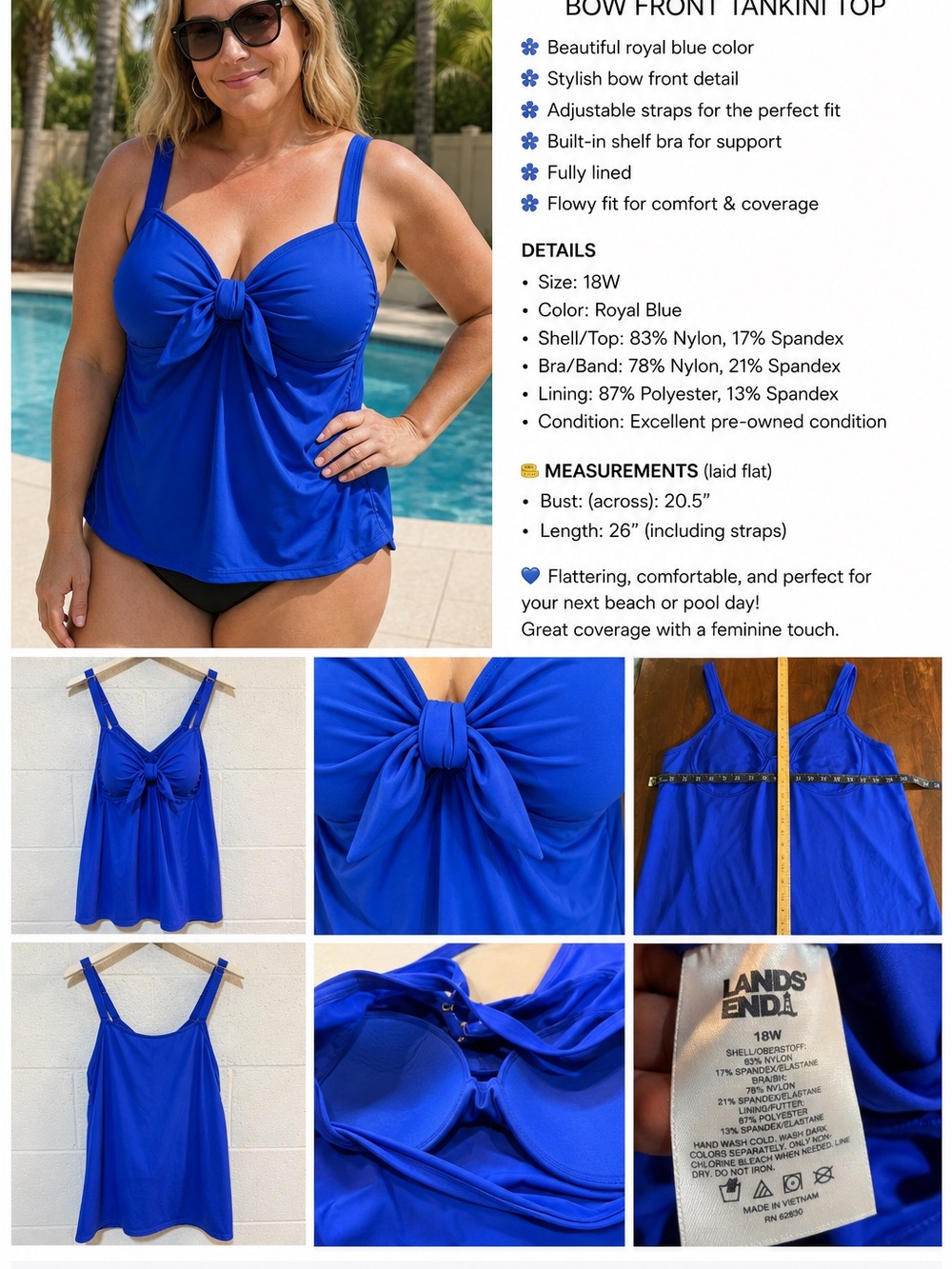 Lands' End Royal Blue Bow Front Tankini One-Piece Swim Top
